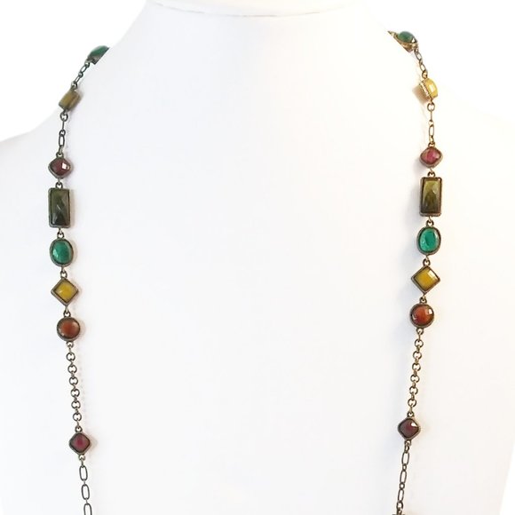 Vtg Avon Antique Gold Tone Multi Color Shape Bezel Set Station Necklace 34" - Picture 2 of 5